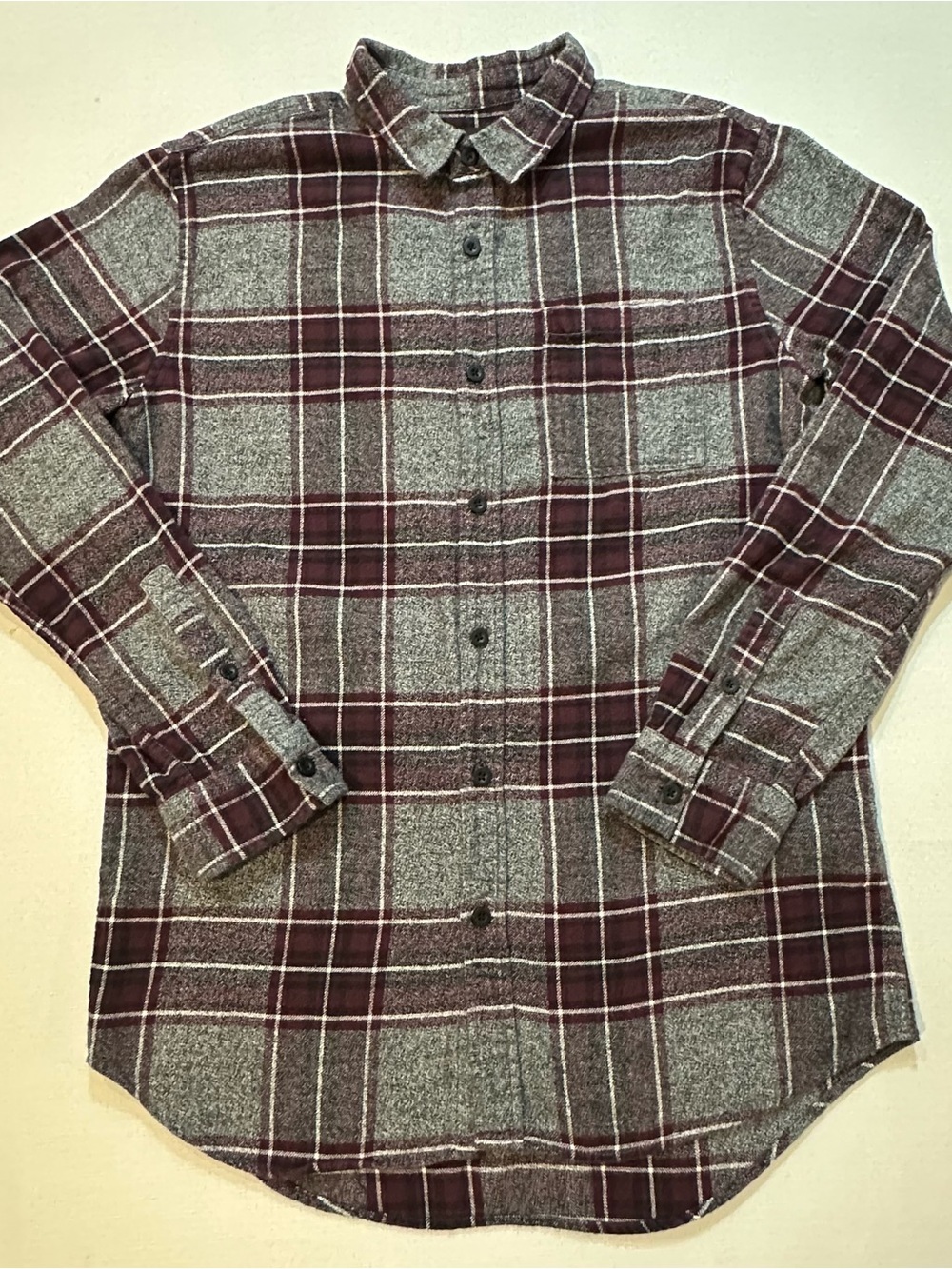 PacSun Longer Fit Burgundy Gray Plaid Flannel Shirt Medium